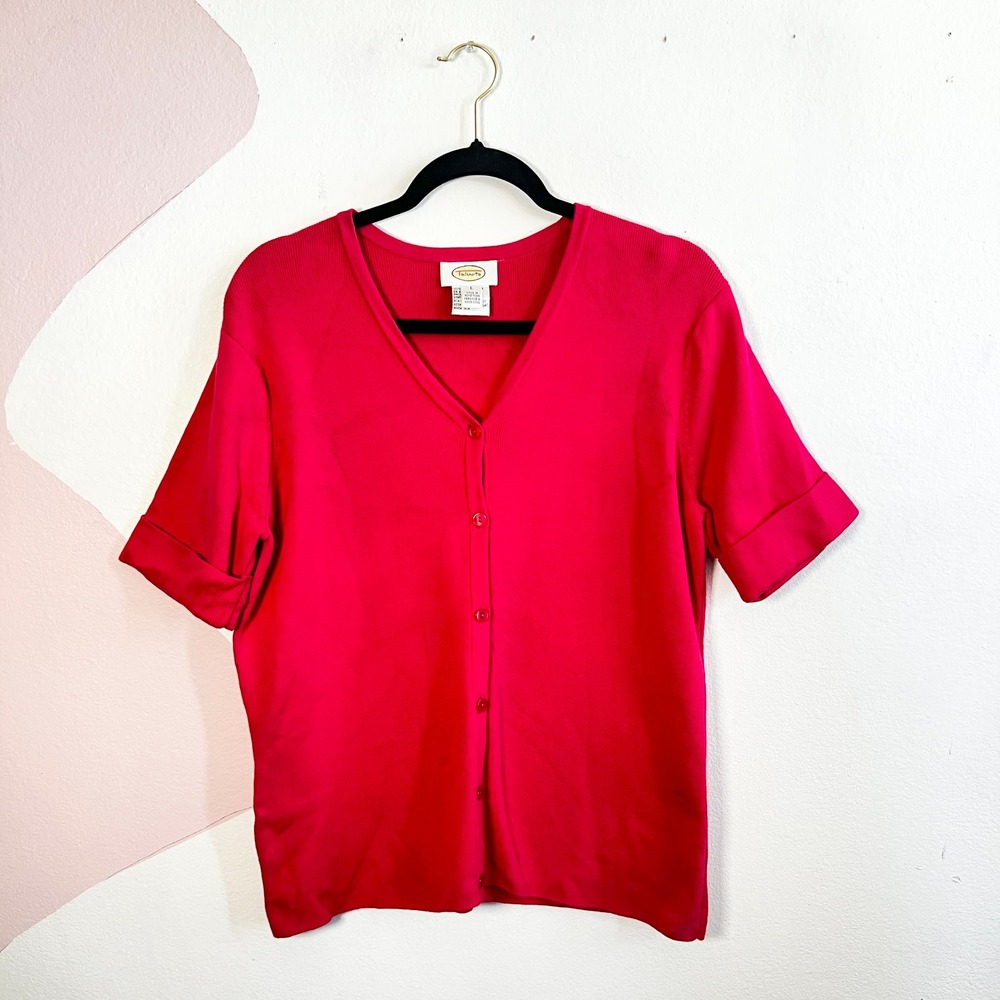 Vintage Talbots Button Up Cardigan Sweater Size‎ Large Hot Pink Short Sleeve